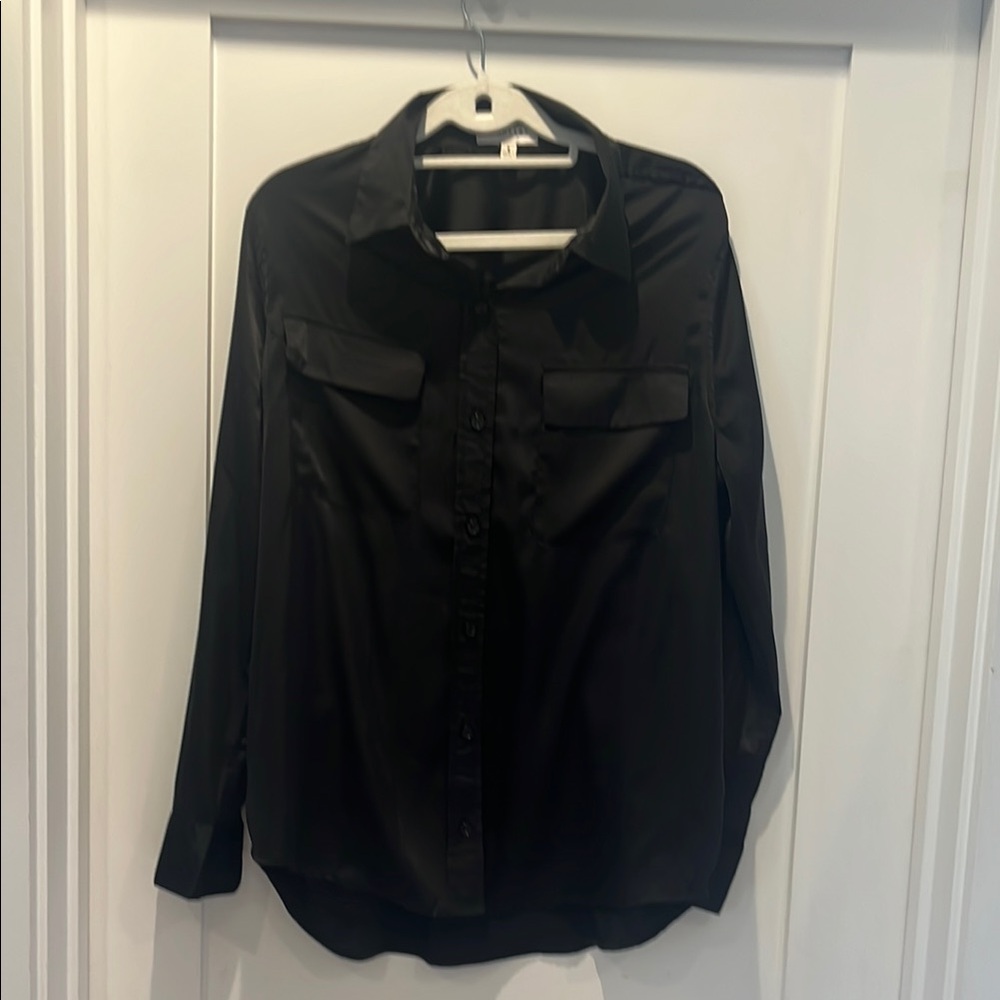 Black Button Down Long Sleeve Notched Collar Blouse
